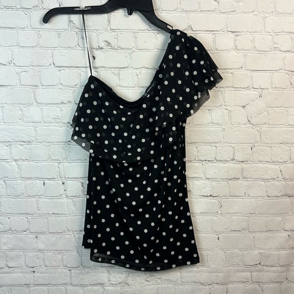 INC Black and White Polka Dot Mesh One Shoulder Top Size Small